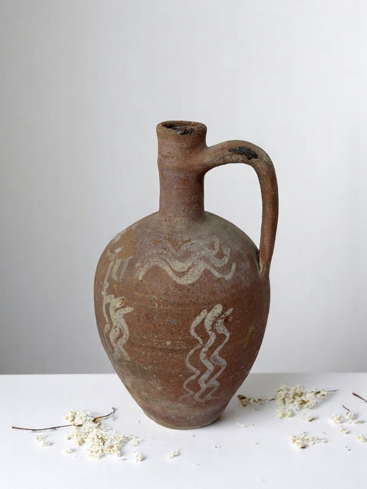 Glazed Handmade 1950s Vintage Turkish Terracotta Vase, Vintage Pottery Clay Flower Pot, Vintage Vase For Home Decor, Glazed Vase, Home Vase