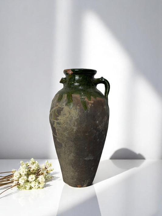 Old Vintage Turkish Terracotta Pitcher Vase, Vintage Pitcher For Decor, Vintage Vase With Decorative Handle, Handmade Terracotta Pitcher